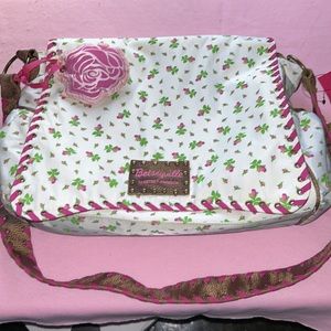 Betsey Johnson white pink rosebud signature print Barbie vintage baby diaper bag